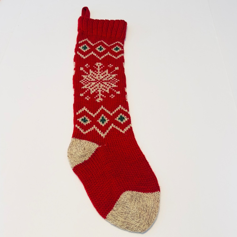 Red Knit Christmas Stocking Snowflake Fair Isle Cozy Holiday Decor Wool Blend